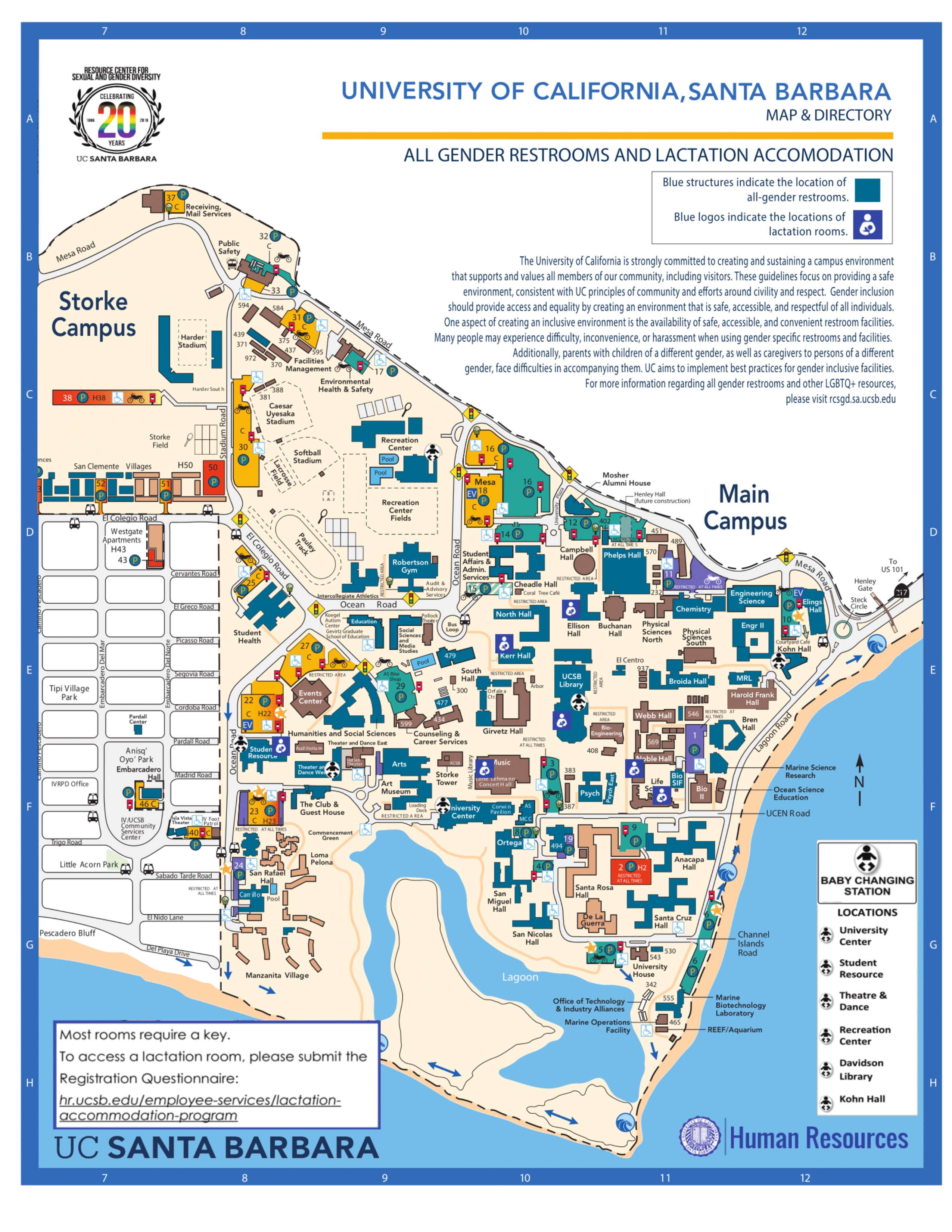 A map of the All-Gender Restrooms and Lactation Rooms on campus